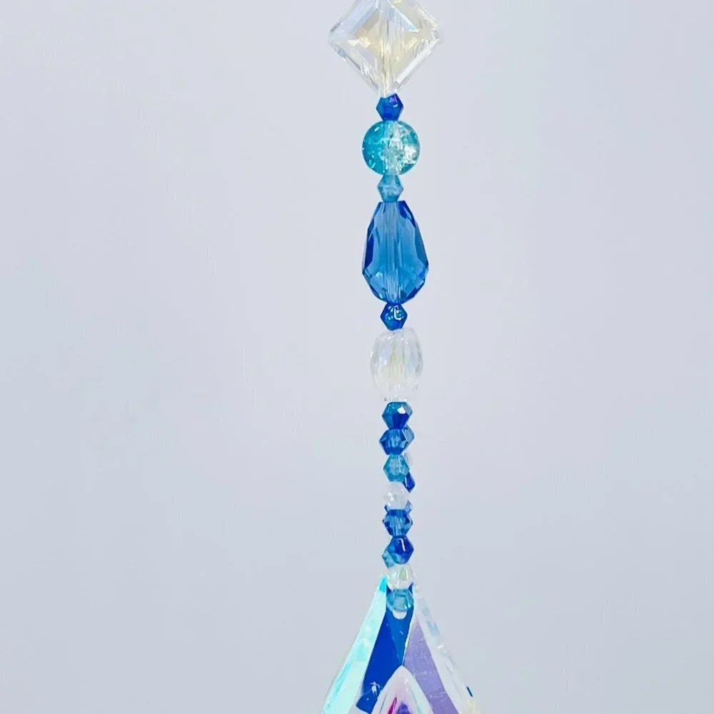 Blue Beaded Suncatcher - Clear Crystal Prism - Indoor Outdoor Hanging Decor